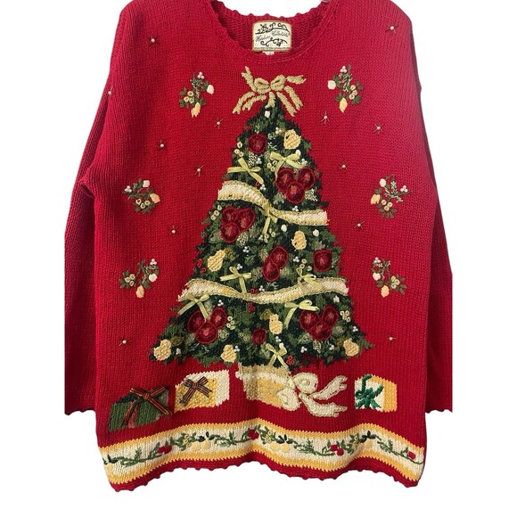 Vintage Heirloom Collectibles Sweater Size L Christmas Tree Holiday Red Beaded - Picture 4 of 11